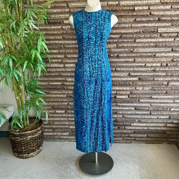 Kiyomi of Hawaii Iolani Vintage Hawaiian Blue Leaf Print Barkcloth Maxi Dress - Picture 9 of 9